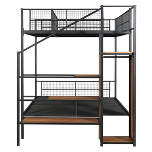 English Elm Twin Over Full Metal Bunk Bed with Trundle, Step Ladder Storage, Wardrobe & Wire Shelving, Durable Frame Black SF000172AAB