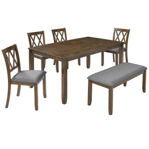 English Elm Elegant 6-Piece Wooden Dining Set For 6 | Modern Walnut Table, Bench & Upholstered Chairs Included W1998S00072