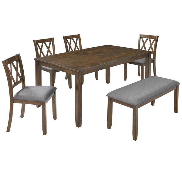 English Elm Elegant 6-Piece Wooden Dining Set For 6 | Modern Walnut Table, Bench & Upholstered Chairs Included W1998S00072