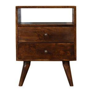 English Elm Classic Chestnut Solid Mango Wood Nightstand with Brass Knobs, 2 Drawers & Open Shelf, Nordic Legs B182P336645