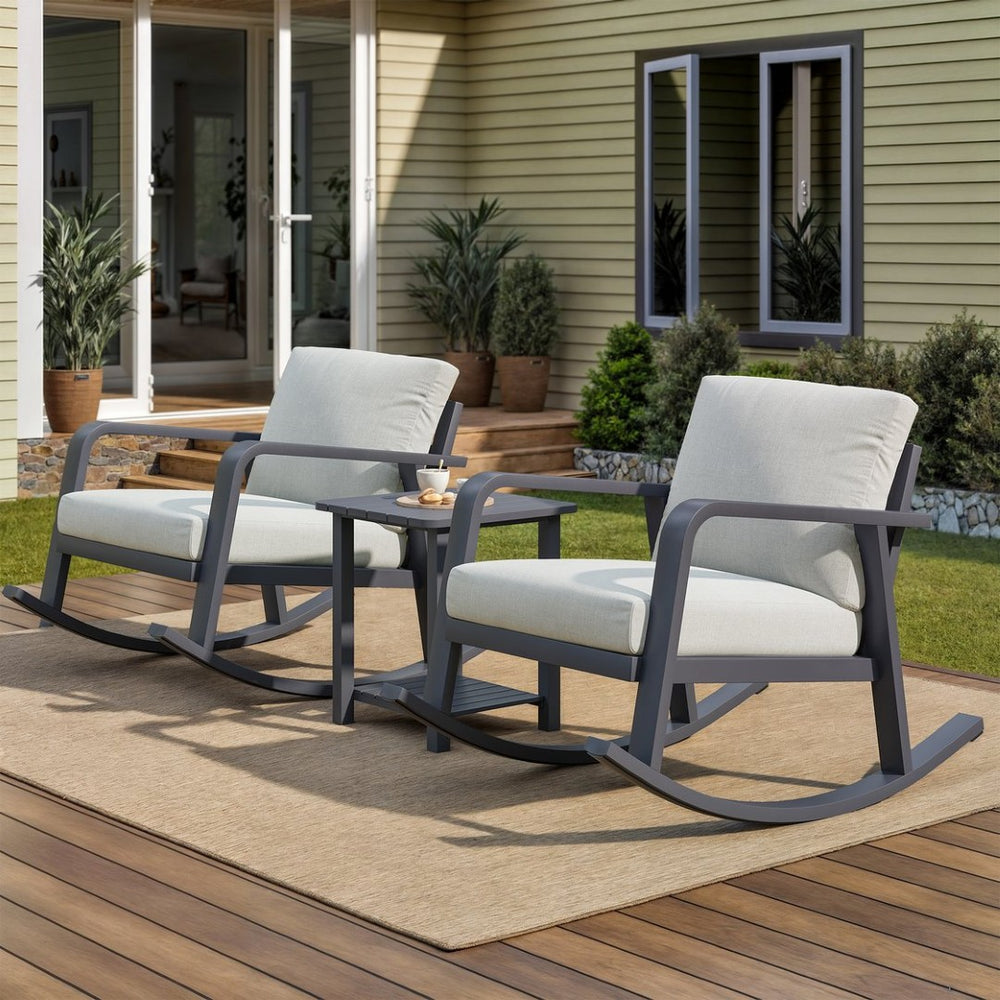 English Elm Fr Outdoor Aluminum Rocking Set with Two Chairs and Two Tier Patio Coffee Table T5925P494046