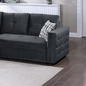 English Elm Black Velvet Convertible Sectional Sofa with Pull-Out Bed, Reversible Storage Chaise, Tufted Elegance B011S01023