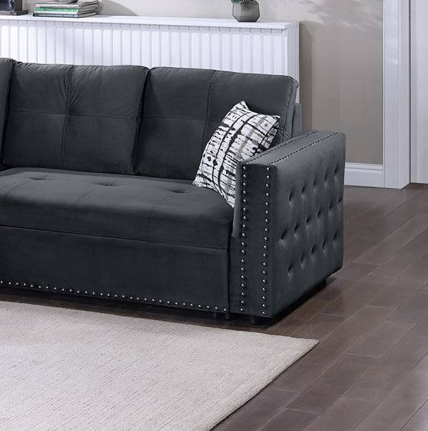 English Elm Black Velvet Convertible Sectional Sofa with Pull-Out Bed, Reversible Storage Chaise, Tufted Elegance B011S01023