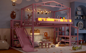 English Elm Twin Metal Loft Bed with Built-in Wardrobe Storage Stairs Led Lights and Usb Ports W5316S00048
