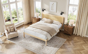 English Elm Platform King Bed Solid Pine Panel Headboard Wood Slat Base Modern Bedroom Frame Natural N709P425341N