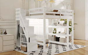 English Elm Full Size Loft Bed With Integrated Shelves, Storage Staircase, Small Wardrobe & Led Lighting N7090000472K