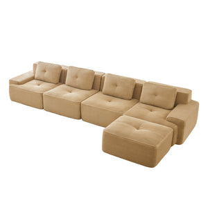 English Elm 153" Modern L-Shaped Sectional Sofa In Camel Corduroy With Movable Ottoman & Tufted Comfort Design W714S01472