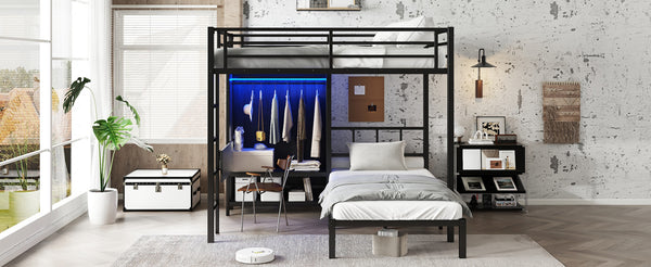 English Elm Full Xl Over Twin Metal Bunk Bed With Foldable Desk, Led Closet & Noise Reduction - Space Saver! W1580S00113