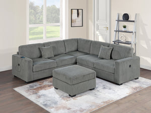English Elm Living L-Shaped Sectional Sofa Set with Reversible Chaise, Tufted Burlap Fabric, Storage Ottoman, USB Port Smoke 40 L x 26 W x 58 H B011S01782