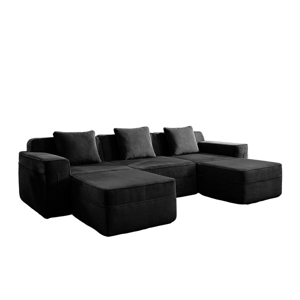 English Elm Modular 3-Seat U-Shaped Sectional Sofa - Cloud-Like Comfort With Movable Ottomans & Pillows W3041S00326
