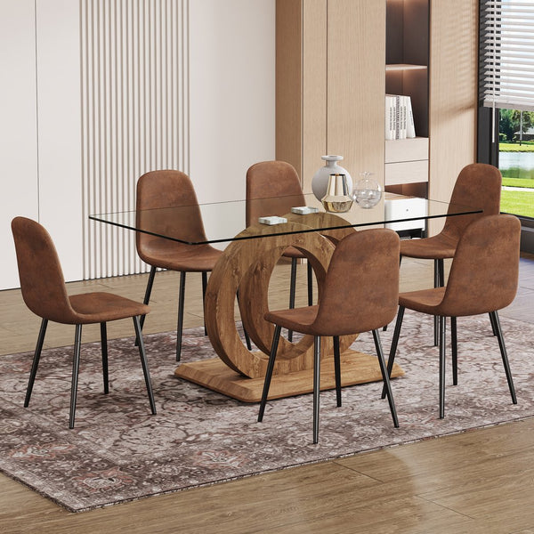 English Elm 1 Stylish Rectangular Dining Table With 6 Brown Chairs - Clear Glass Top & Modern Mdf Base Set W1151S04024