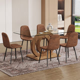 English Elm 1 Table and 6 Chairs Set.63"X35.4X30" Rectangular Transprant Tempered Glass Dining Tabletop With Wood Color Mdf Oc Shaped Bracket.Paired With 6 Brown Technology Fabric Dining Chairs.