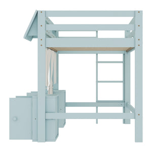 English Elm Twin Loft Bed Cottage-Style Playhouse with Built-In Bookshelf, Curtain & Storage, Safe Guardrails Light Blue W1580S00357