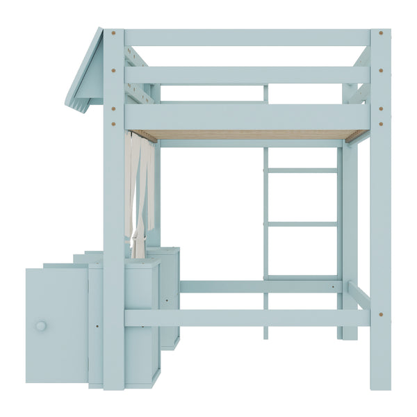 English Elm Twin Loft Bed Cottage-Style Playhouse with Built-In Bookshelf, Curtain & Storage, Safe Guardrails Light Blue W1580S00357