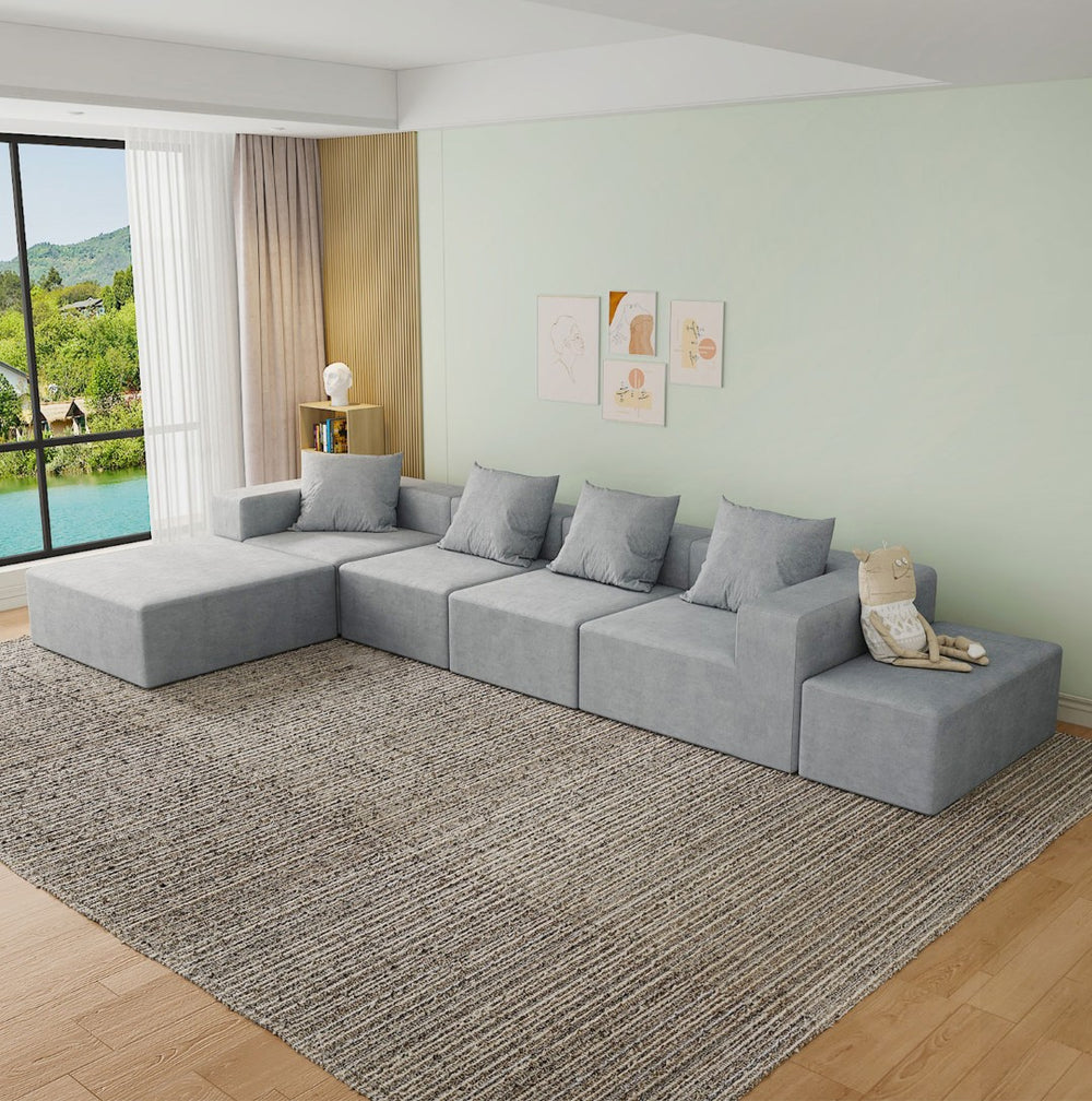 English Elm Modular Cloud Sectional Sofa with Corduroy Upholstery and Two Ottomans for Living Room W3341S00002