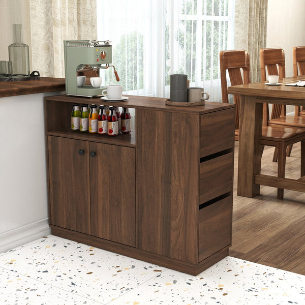 English Elm Kitchen Small Sideboard Countertop Organizer with Sliding Glass Doors, 3 Drawers & Display Shelf, Modern Storage Cabinet W331P289098