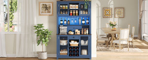 English Elm 70.9" Farmhouse Hutch Pantry with Led Lighting Wine Rack Mesh Doors and Built-in Power Navy Blue CH361426AAL