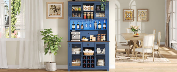 English Elm 70.9" Farmhouse Hutch Pantry with Led Lighting Wine Rack Mesh Doors and Built-in Power Navy Blue CH361426AAL