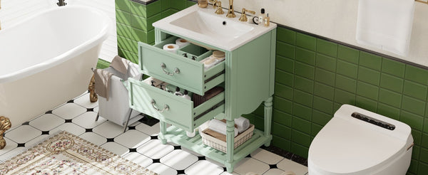 English Elm 24'' Vintage Bathroom Vanity with Ceramic Sink Soft Close Drawers Open Shelf Green N710P411237F