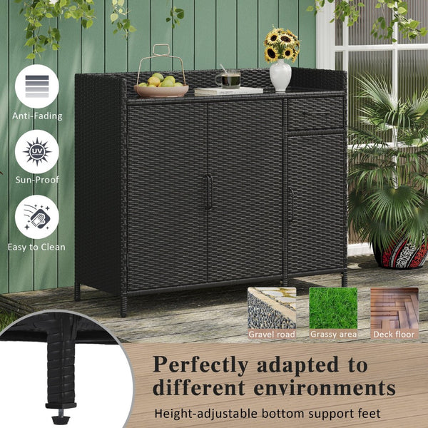 English Elm K&k Outdoor Wicker Bar Cabinet with Tempered Glass Top Adjustable Shelving and Drawer Black Brown N707P233745B