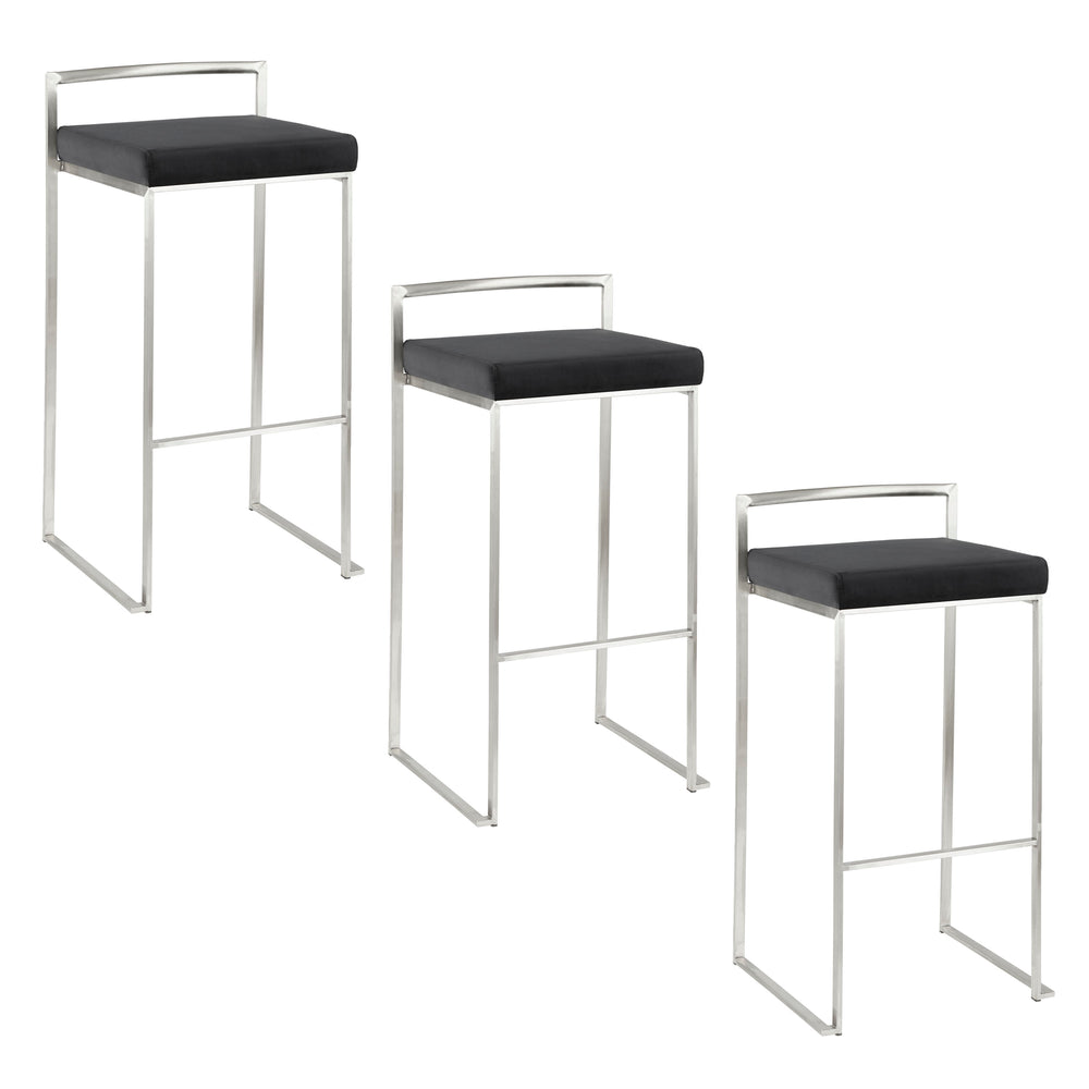 English Elm Fuji 30" Stackable Barstool Set Of 3 - Modern Black Faux Leather & Slim Metal Frame For Comfort B202P222218