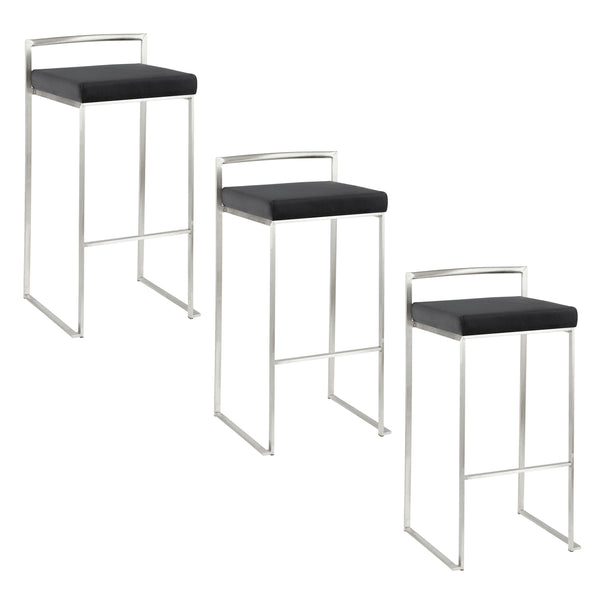 English Elm Fuji 30" Stackable Barstool Set Of 3 - Modern Black Faux Leather & Slim Metal Frame For Comfort B202P222218