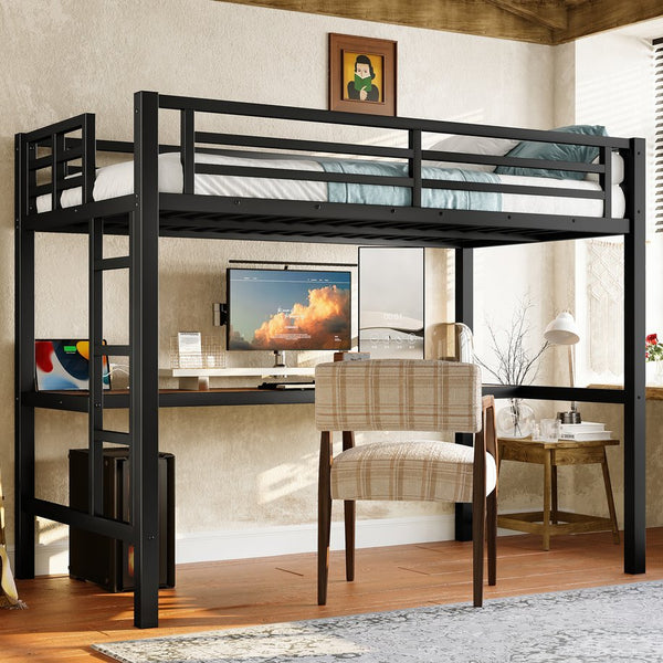 English Elm Metal Twin Loft Bed With Integrated Desk, Power Outlet, Led Lights - Space-Saving Design In Black W1580P372863