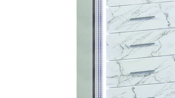 English Elm Desire White Chest with Marble-Pattern Drawers, LED Side Lighting & Metallic Trim, 5 Spacious Drawers G150109087