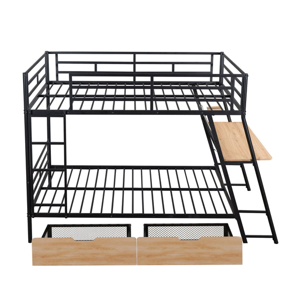 English Elm Full Full Size Metal Bunk Bed with Built-in Desk, Light, 2 Drawers, Shelves, Sturdy Space-Saver Black GX001517AAB