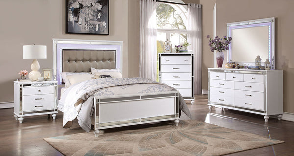 English Elm White Crocodile-Textured Nightstand with Mirror Trim, Felt-Lined Top Drawers & Ornate Bun Feet - Contemporary Bedroom Accent B011P402573