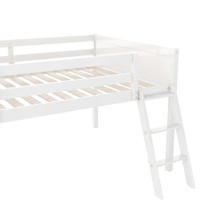 English Elm Full Low Loft Bed Pine Wood with Ladder & Guardrails, Space-Saving Play Area, Secure 350lb Capacity White WF531952AAK