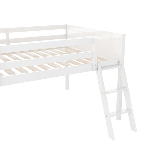 English Elm Full Low Loft Bed Pine Wood with Ladder & Guardrails, Space-Saving Play Area, Secure 350lb Capacity White WF531952AAK