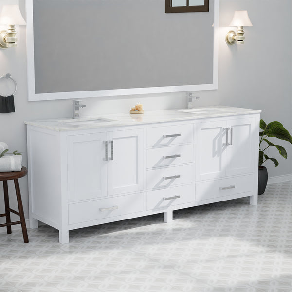 English Elm White Double Bath Vanity 80" W x 22" D with Carrara Marble Top, Chrome Faucet, 30" Mirrors, Durable Finish B2731S01054