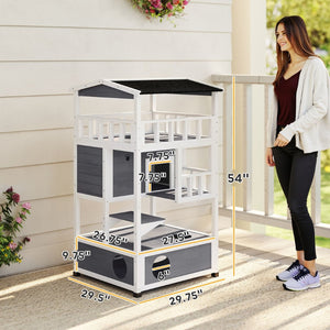 English Elm Feral Cat Wooden Two Level Outdoor Shelter with Raised Floor and Asphalt Rain Eave T3971P436813