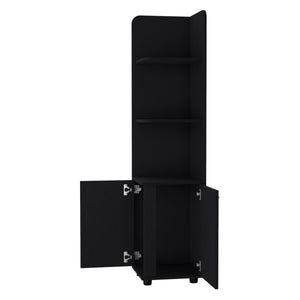 English Elm Wenge Two-Door Corner Cabinet with Three Open Shelves, Wenge Finish, Melamine, Metal Handles (96) B062P205243