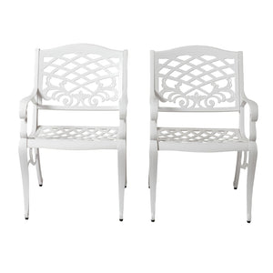 English Elm Phoenix Cast Aluminum Outdoor Dining Arm Chairs Ornate Lattice Scroll Garden Patio Set White N776P381164W