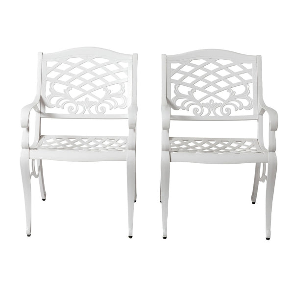 English Elm Phoenix Cast Aluminum Outdoor Dining Arm Chairs Ornate Lattice Scroll Garden Patio Set White N776P381164W