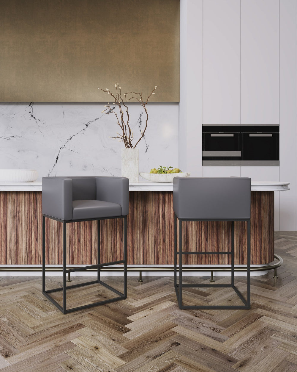 English Elm Embassy Metal Upholstered Barstool with Foam-Padded Faux Leather Seat and Sturdy Footrest Base Grey B365P398468