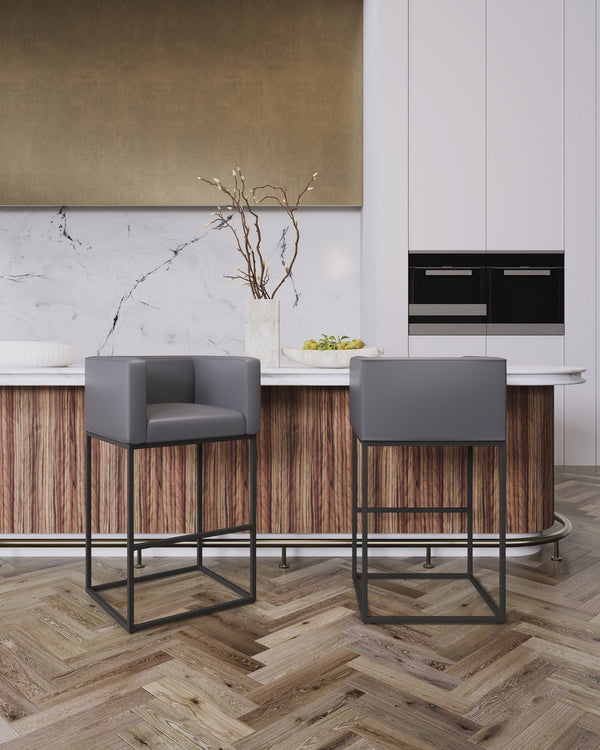 English Elm Embassy Metal Upholstered Barstool with Foam-Padded Faux Leather Seat and Sturdy Footrest Base Grey B365P398468