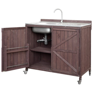 English Elm K&k Outdoor Prep Station Stainless Steel Top Fir Wood Cabinet with Drawer and Wheels N707P370281Z