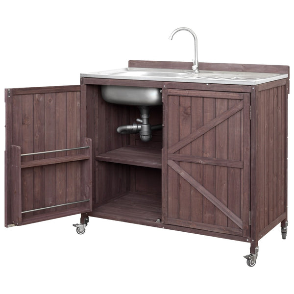 English Elm K&k Outdoor Prep Station Stainless Steel Top Fir Wood Cabinet with Drawer and Wheels N707P370281Z