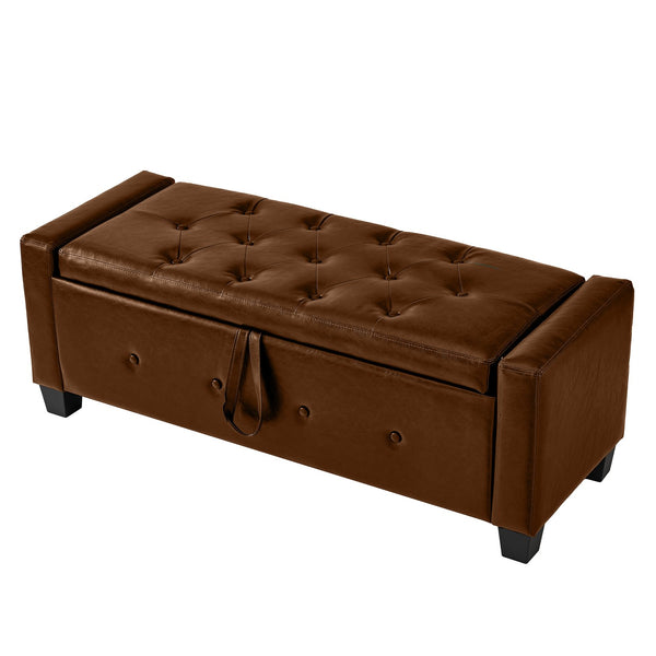 English Elm 48" Storage Ottoman Bench with Tufted Faux Leather Upholstery, Solid Wood Frame & 300lb Capacity Brown W1097P338778