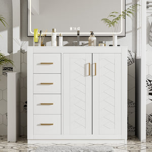 English Elm 36'' Bathroom Vanity with Ceramic Sink Combo, Solid Wood Frame, Soft-Close Drawers and Stylish Retro Groove Design White N710P291684K