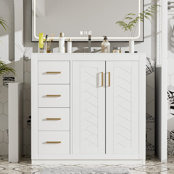English Elm 36'' Bathroom Vanity with Ceramic Sink Combo, Solid Wood Frame, Soft-Close Drawers and Stylish Retro Groove Design White N710P291684K
