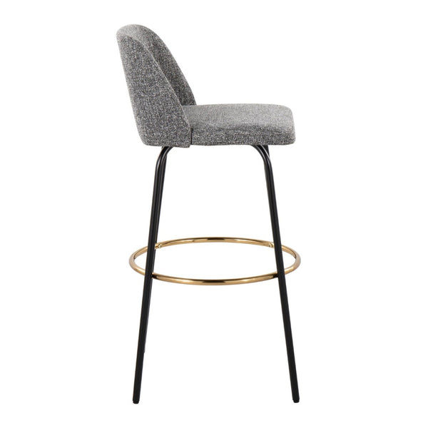 English Elm 30" Swivel Barstools Set of 2 Grey Fabric Gold Footrest Black Metal Kitchen Counter B202S00653