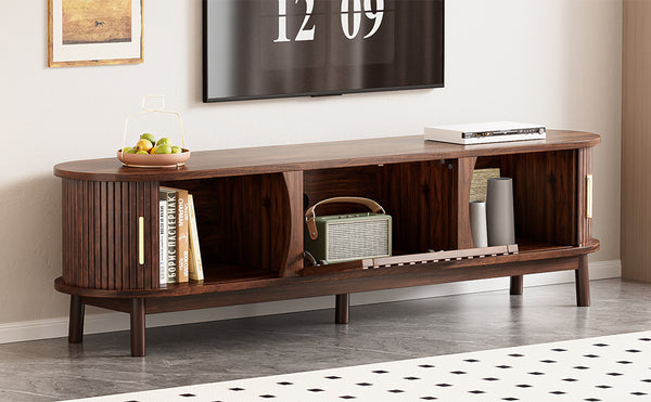 English Elm Modern Farmhouse TV Stand with Textured Woodgrain, Waterproof Surface, Sliding & Drop-Down Storage (75") N710P257615P