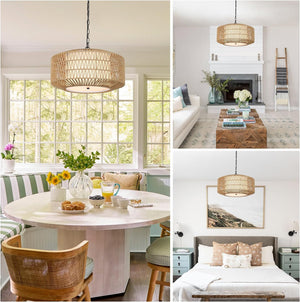 English Elm Farmhouse Chandelier Light Fixture - Hand-Woven Rattan 4-Light Pendant For Cozy Dining & Living Spaces W2738P185428