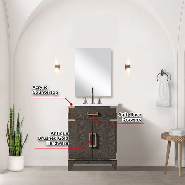 English Elm Brown Oak Single Bath Vanity 24" W x 18" D with Acrylic Top, 18" Mirror & Chrome Gooseneck Faucet Set B2731S02000