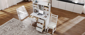 English Elm Vintage 40'' Home Executive Desk Set with Upholstered Chair and Built-In Bookshelf for Stylish Productivity White 44 L x 23 W x 13.5 H N733P272894K