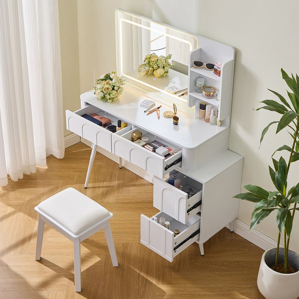 English Elm Modern Makeup Vanity Desk with Slide-Out Cabinet, LED Mirror, 4 Soft-Close Drawers & Cushioned Stool White N844P257529A